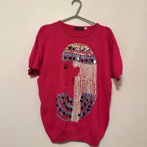Vintage - L'Andre Hot Pink Cotton Sweater with Sequinned Cleopatra or Nefertiti